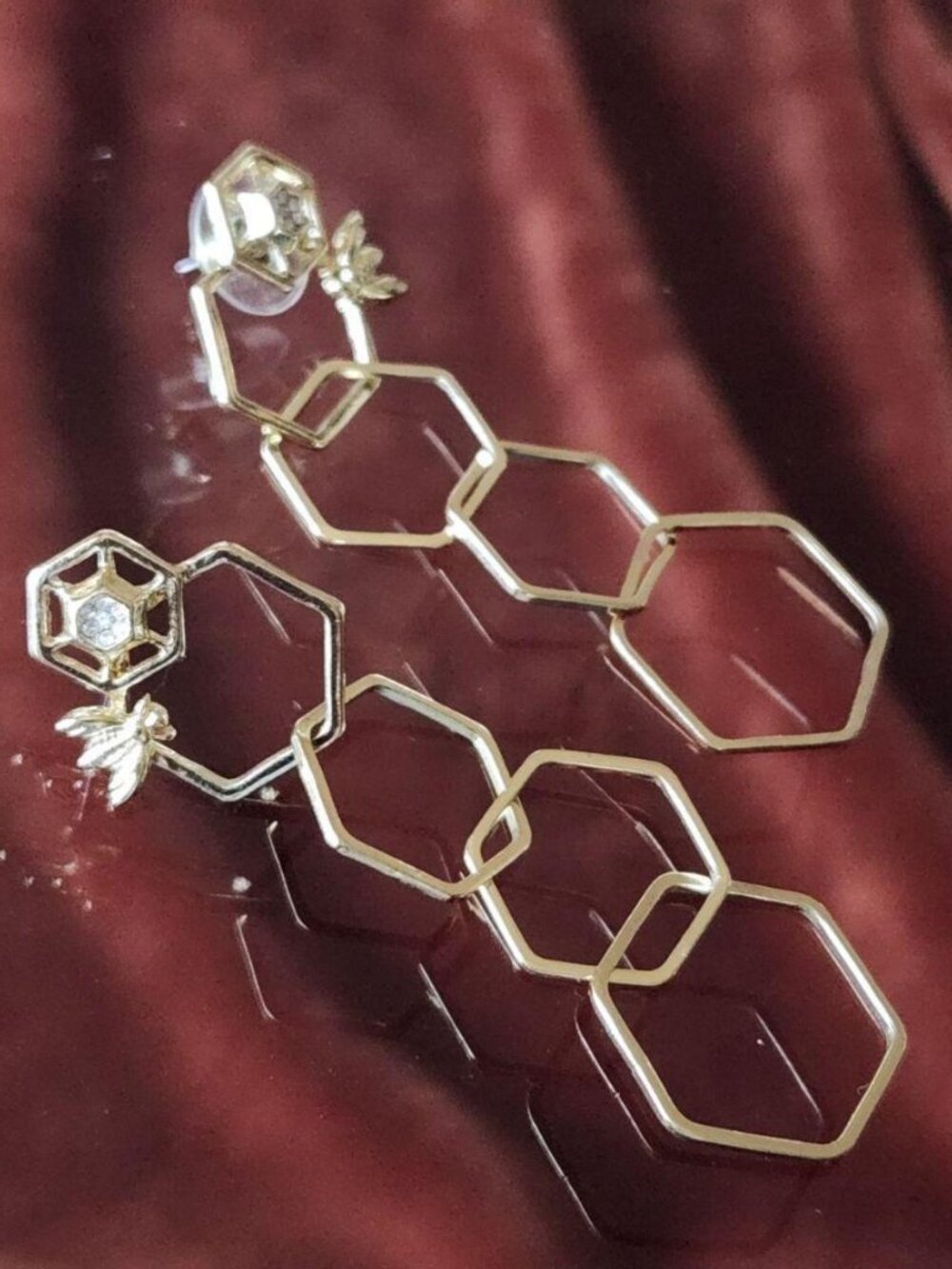Mary Kay gold-tone beehive hexagon post-drop dangle earrings.